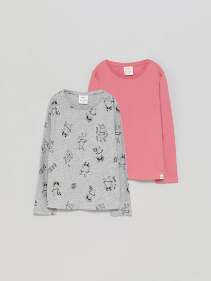 Pack of 2 basic plain and printed long sleeve T-shirts