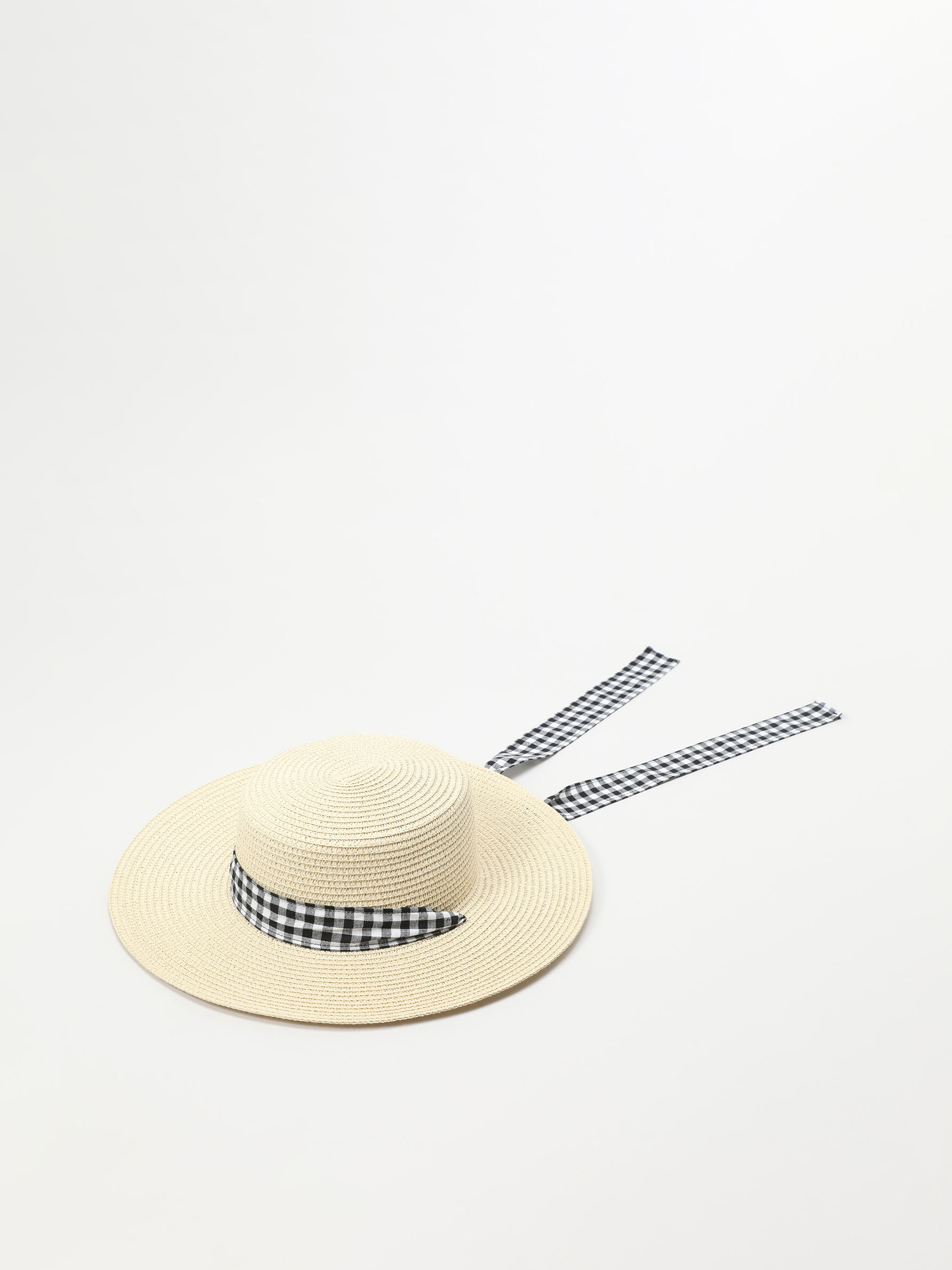 RAFFIA HAT WITH GINGHAM CHECK RIBBON