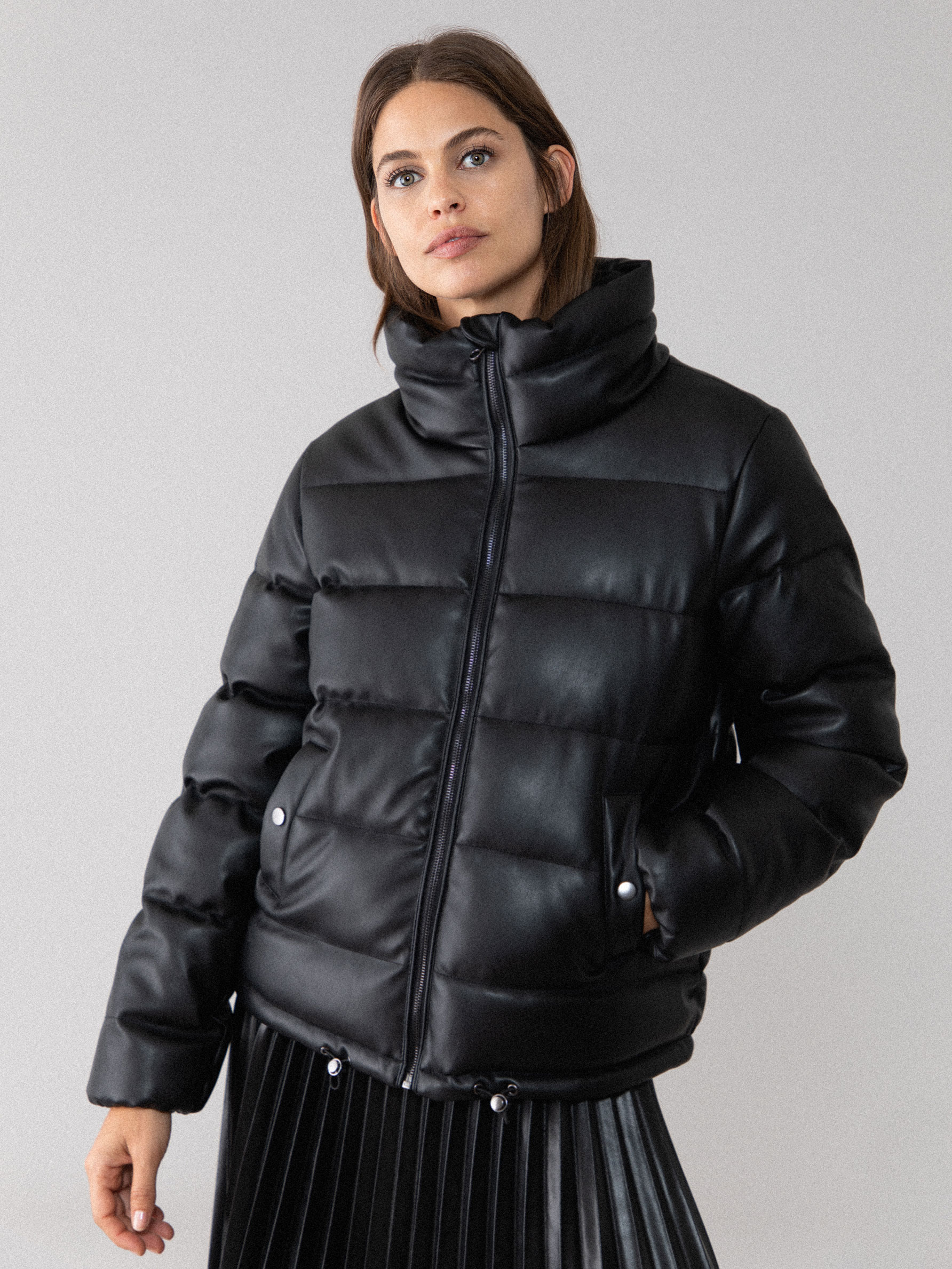 FAUX LEATHER QUILTED DOWN JACKET