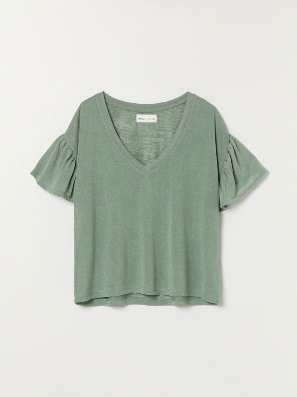 Ruffled linen-effect T-shirt