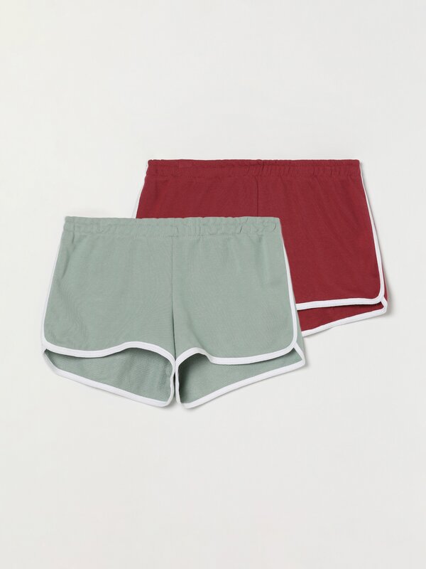 Pack of 2 pairs of basic plush shorts with piping