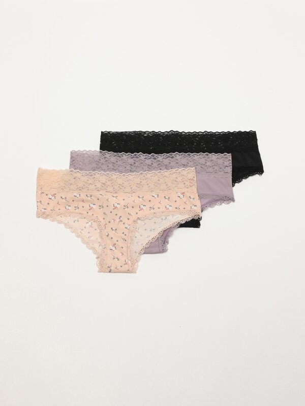 Pack of 3 contrast hipster briefs with lace trim