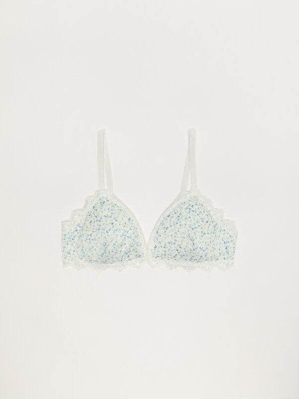 Printed satin bra with lace