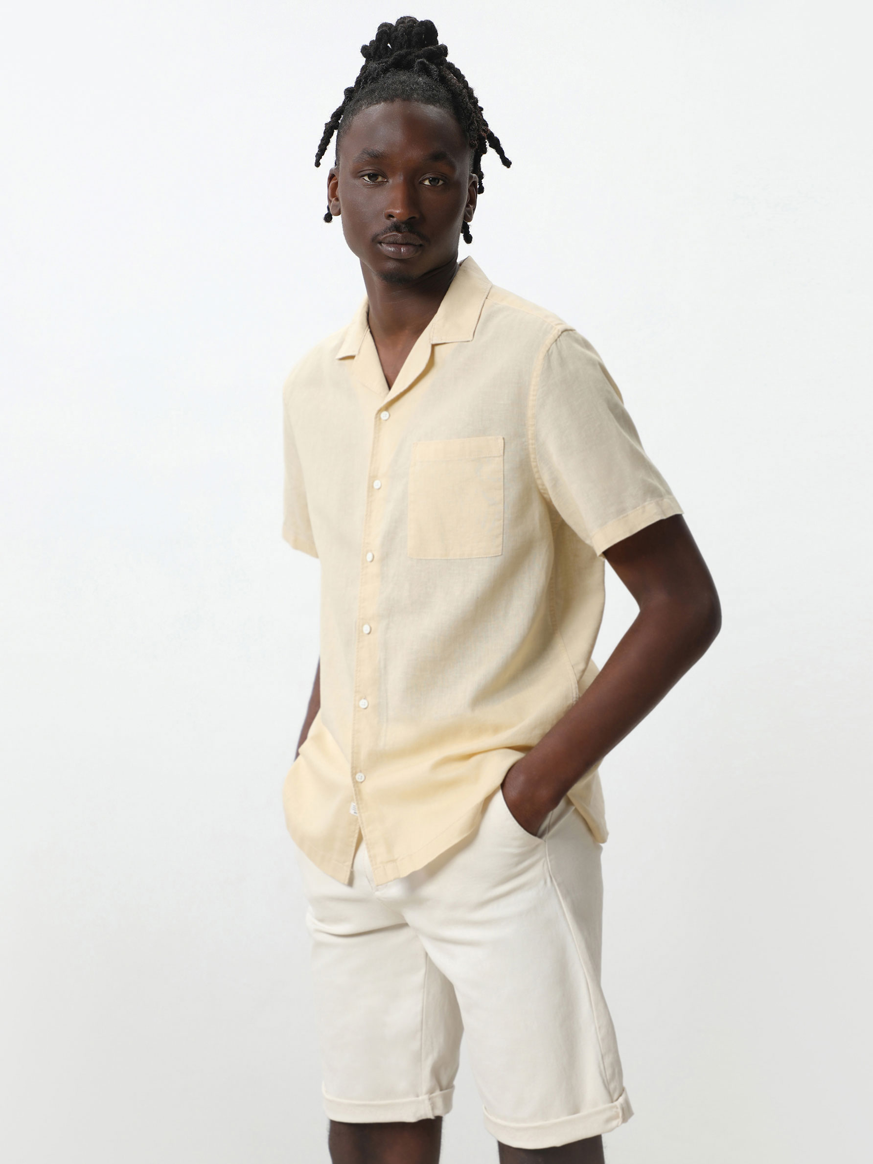 Linen-cotton blend short sleeve shirt 