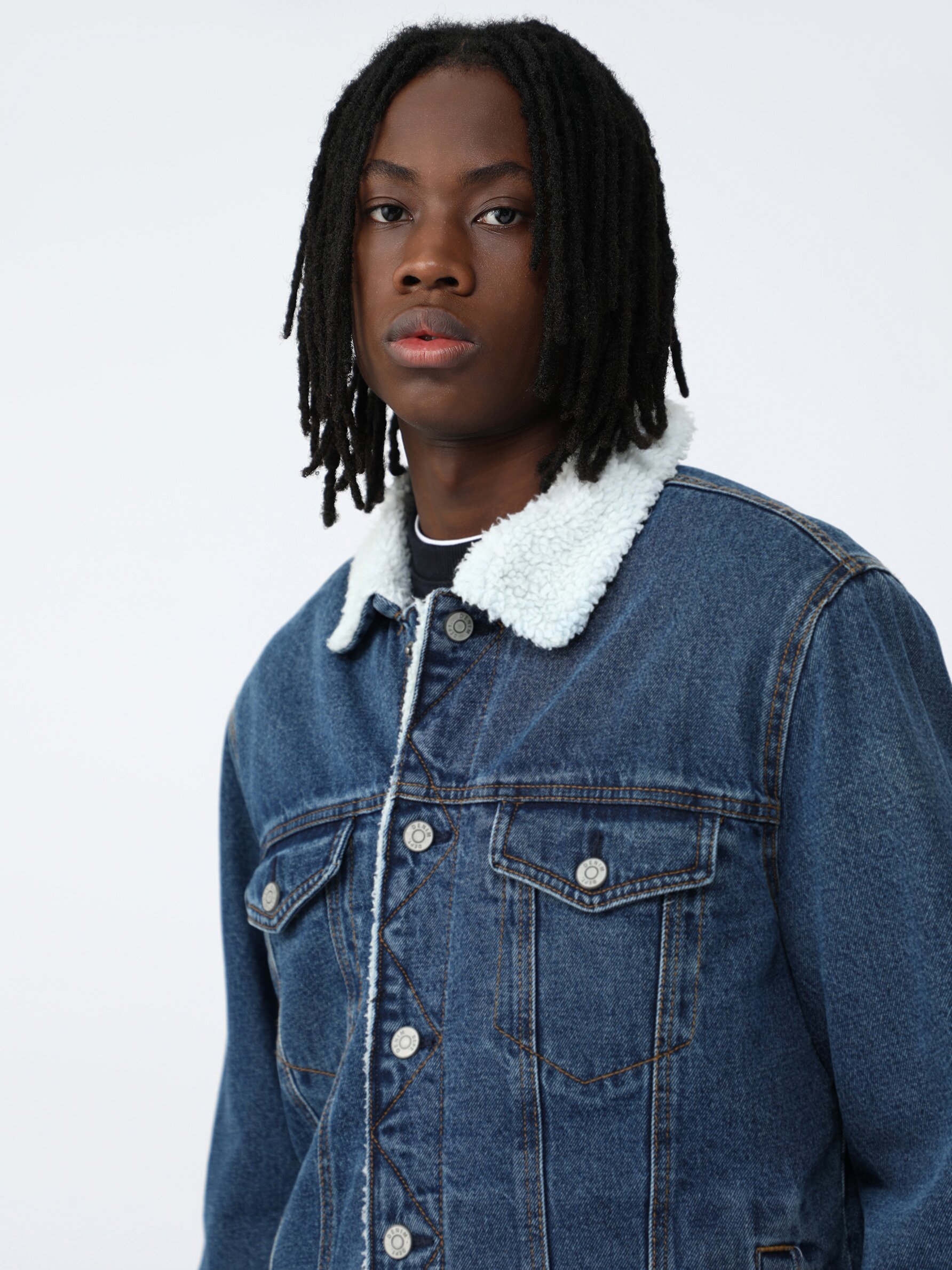 denim jacket with faux shearling collar