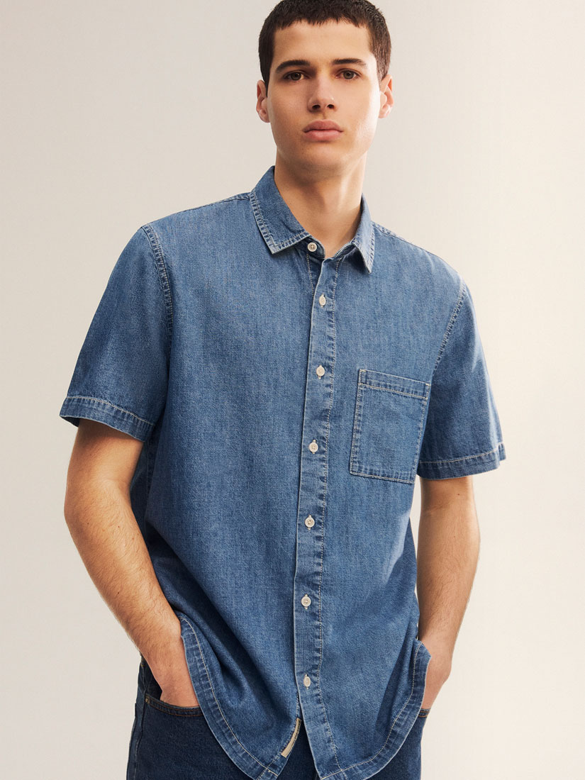 Indigo denim shirt men's short sleeve Clearance