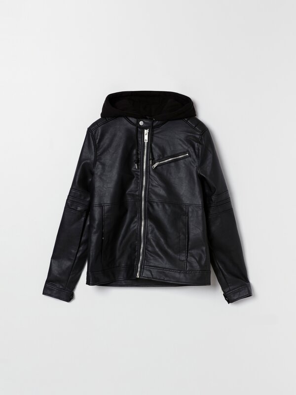 Hooded faux leather jacket