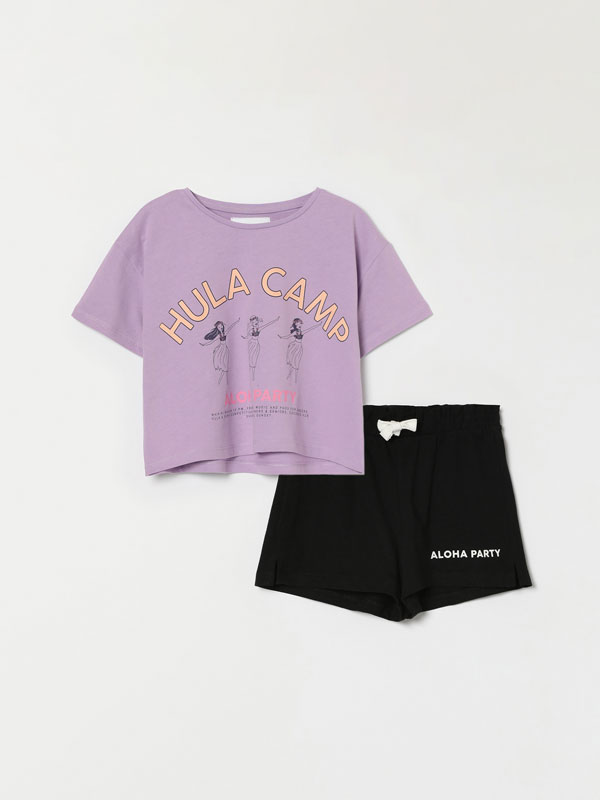 Cropped T-shirt and printed shorts set