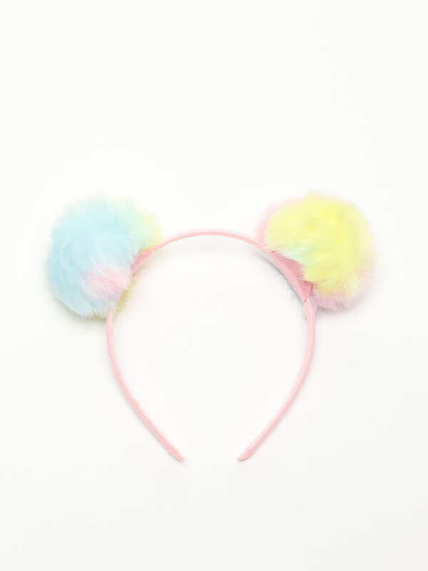 Headband with multicoloured pompoms