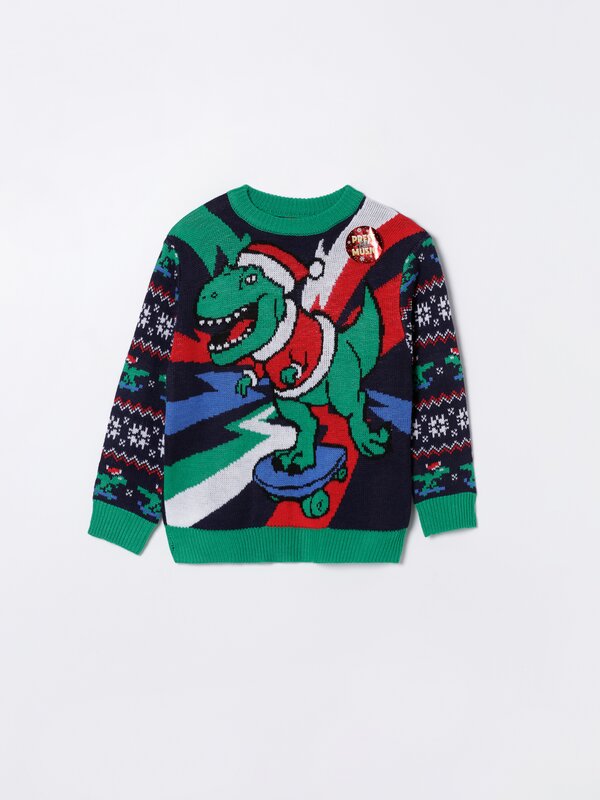 Sweater with a musical Christmas dinosaur