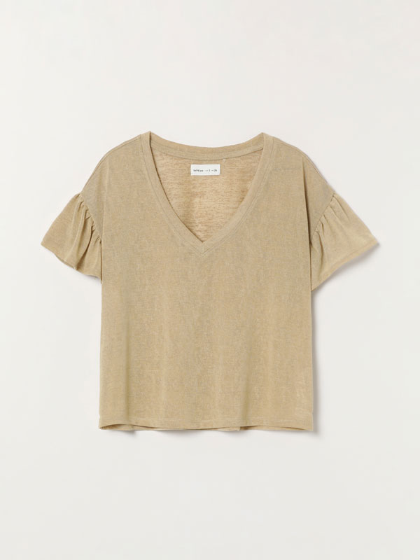 Ruffled linen-effect T-shirt