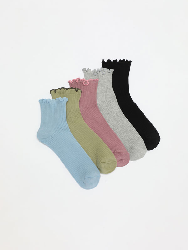 Pack of 5 pairs of plain socks with trim detail