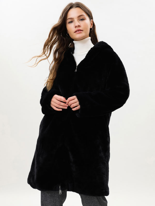 Faux fur coat with hood