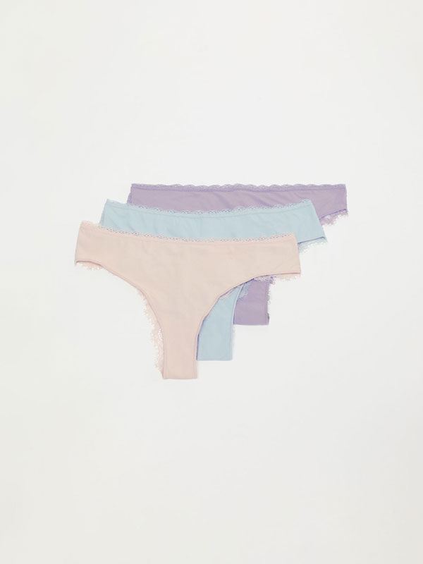 3-Pack of microfibre Brazilian briefs with lace trim