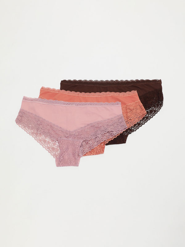 3-Pack of microfibre hipster briefs with lace trim