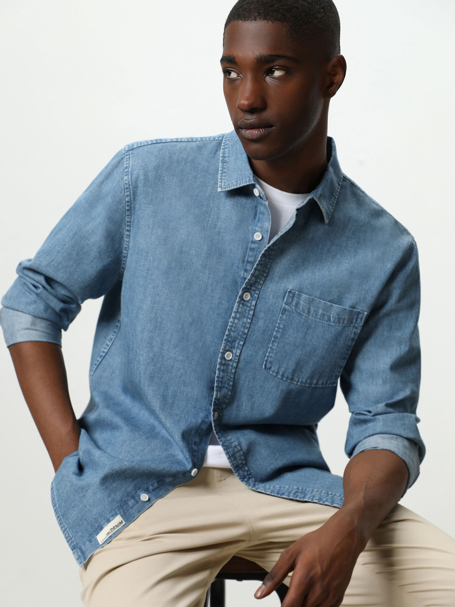 long sleeve denim polo shirt