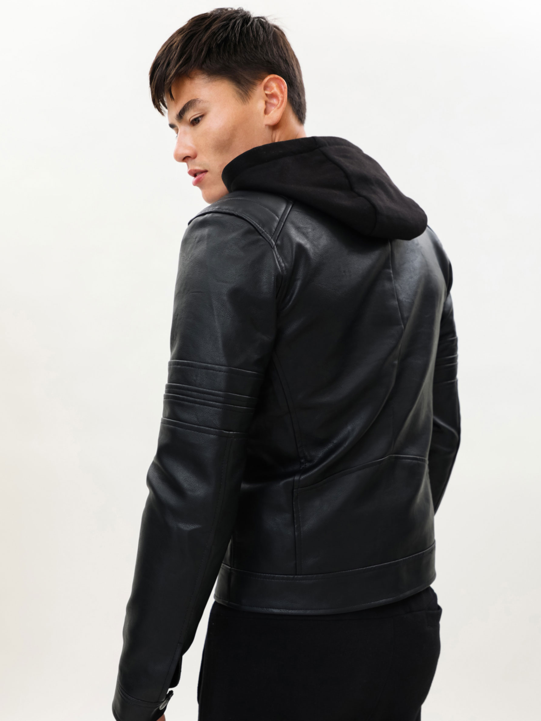 faux leather jacket with sweatshirt hood