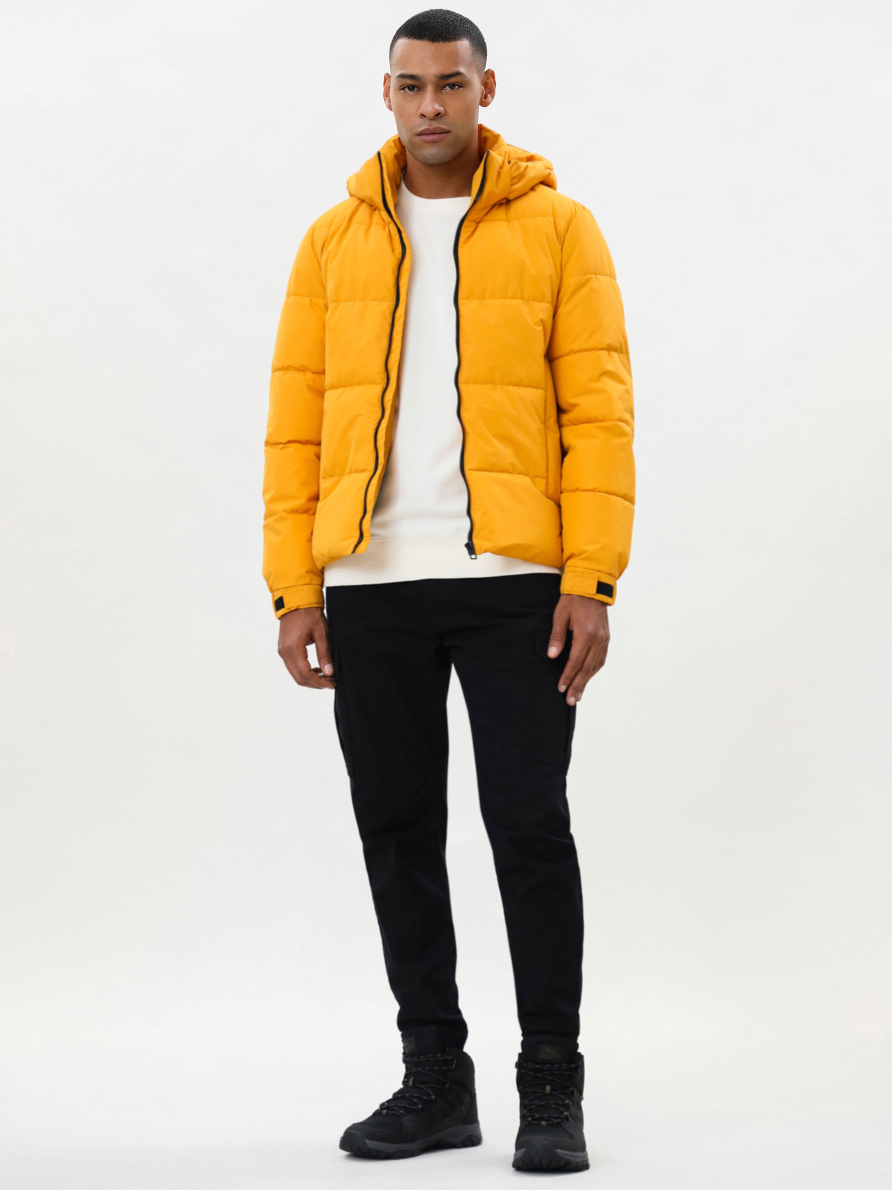 orange hooded puffer jacket