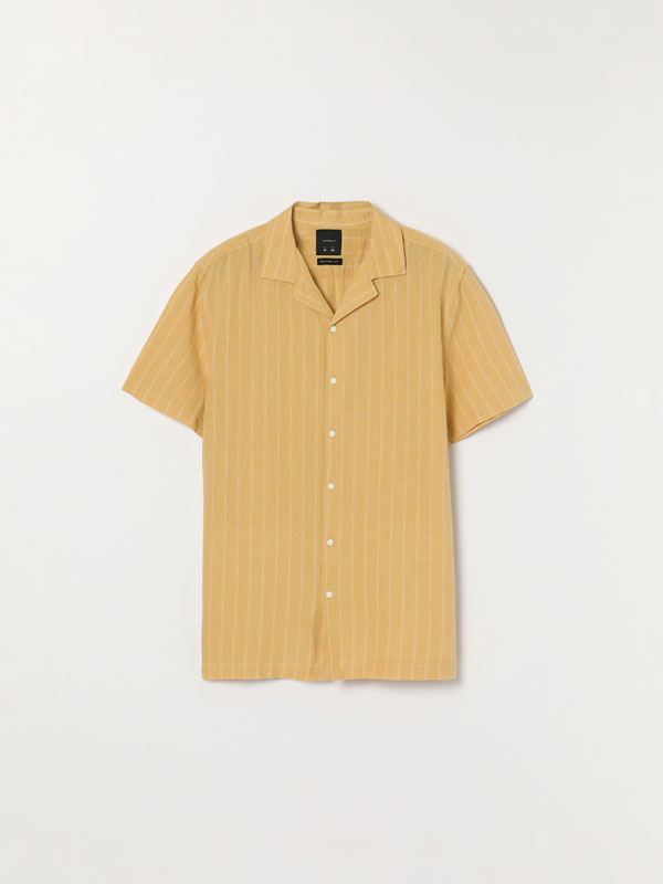 Linen-cotton blend short sleeve printed shirt
