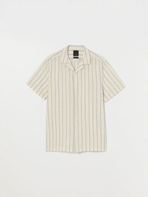Linen-cotton blend short sleeve printed shirt