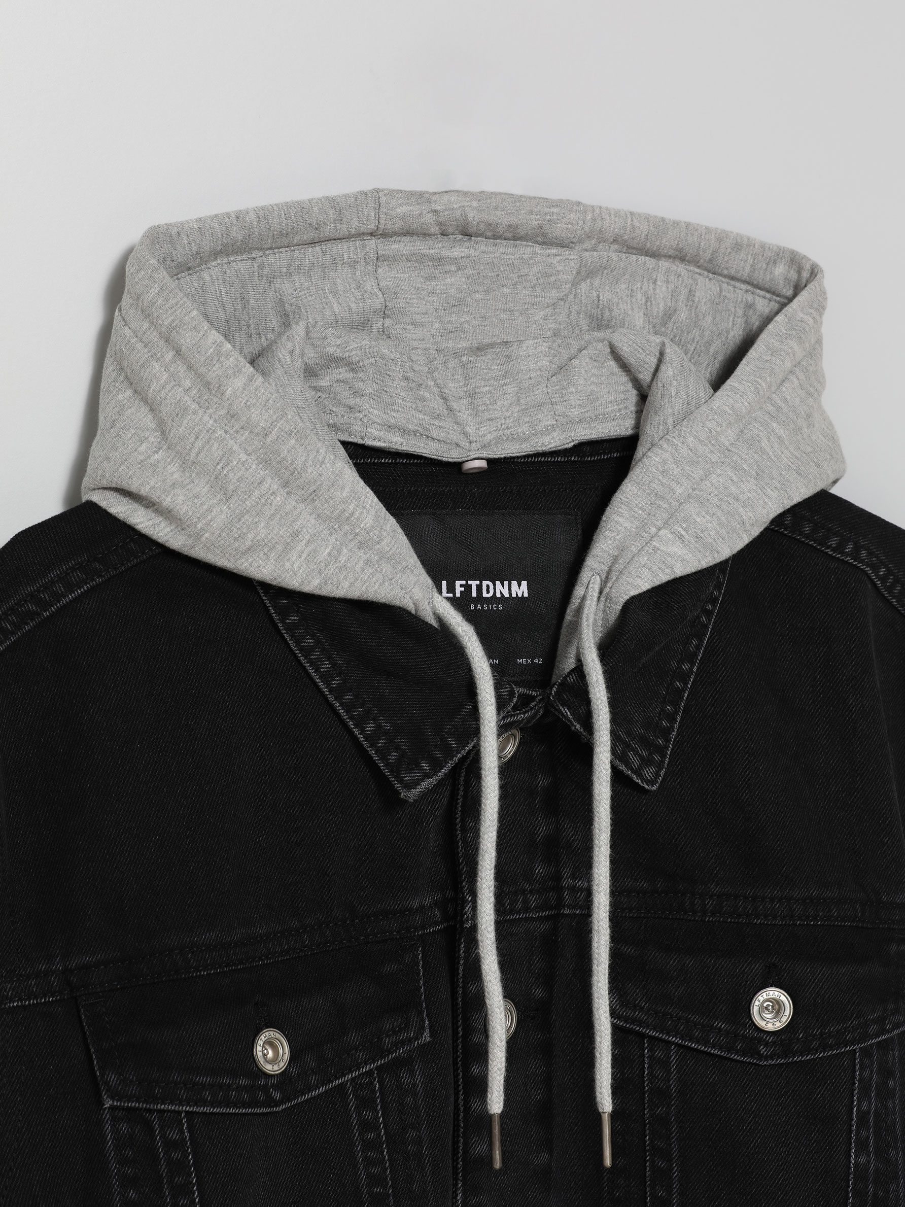 Denim jacket with plush sleeves 