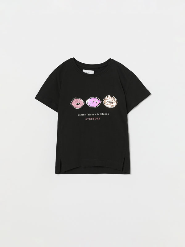 T-shirt de manga curta com lantejoulas duplas