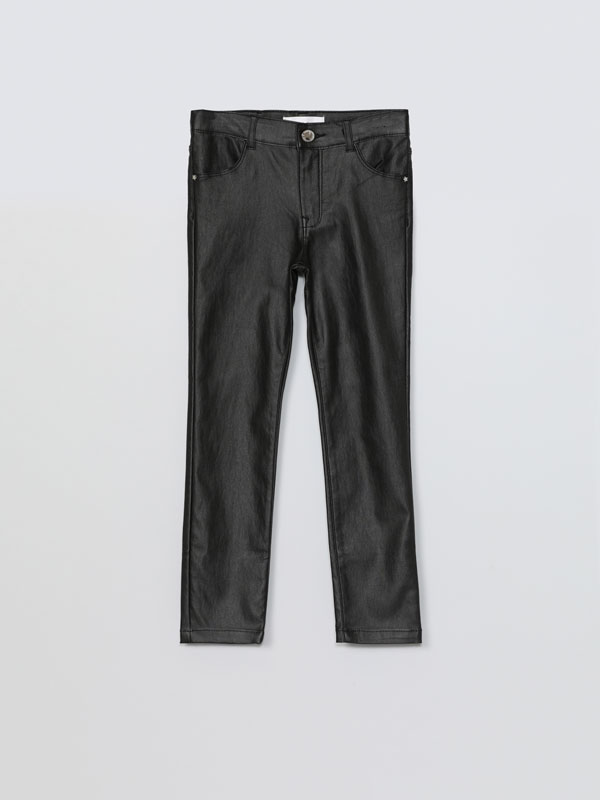 Waxed-effect trousers