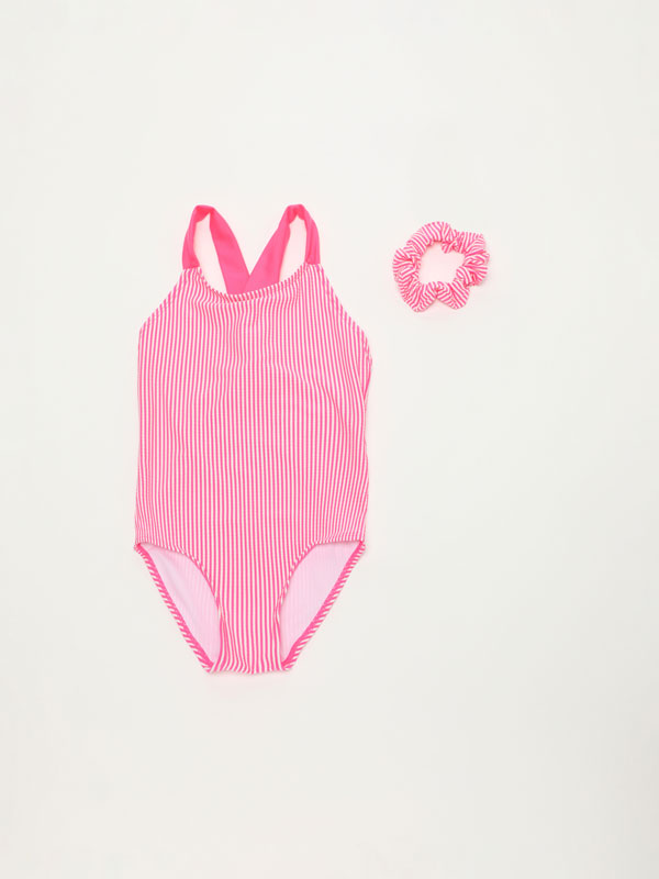 2-piece set with striped swimsuit and hair scrunchie