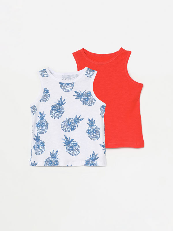 2-pack of print and plain sleeveless T-shirts