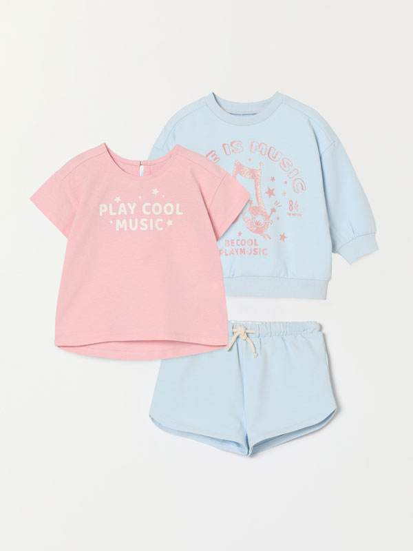 3-piece set with sweatshirt, T-shirt and shorts