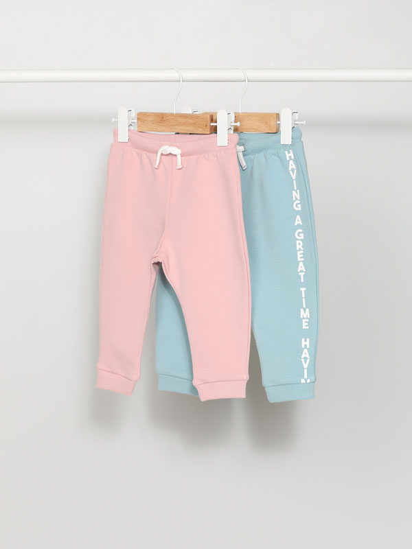Pack of 2 plain and printed basic plush trousers
