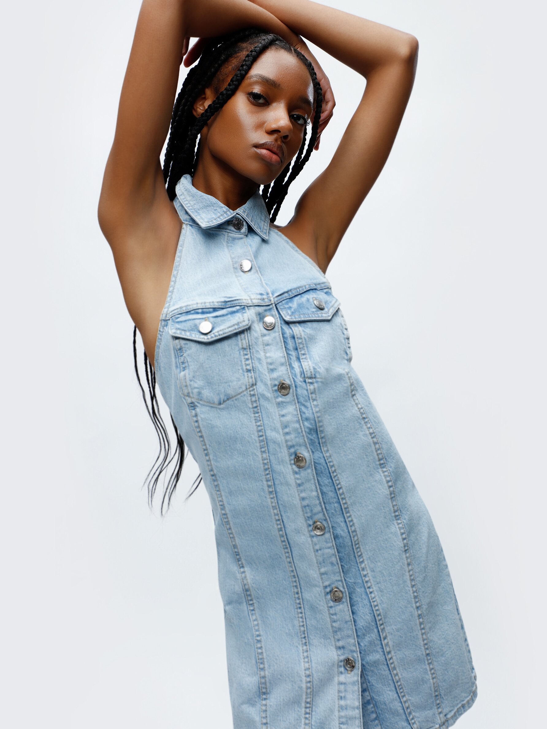 Denim halter hot sale neck dress