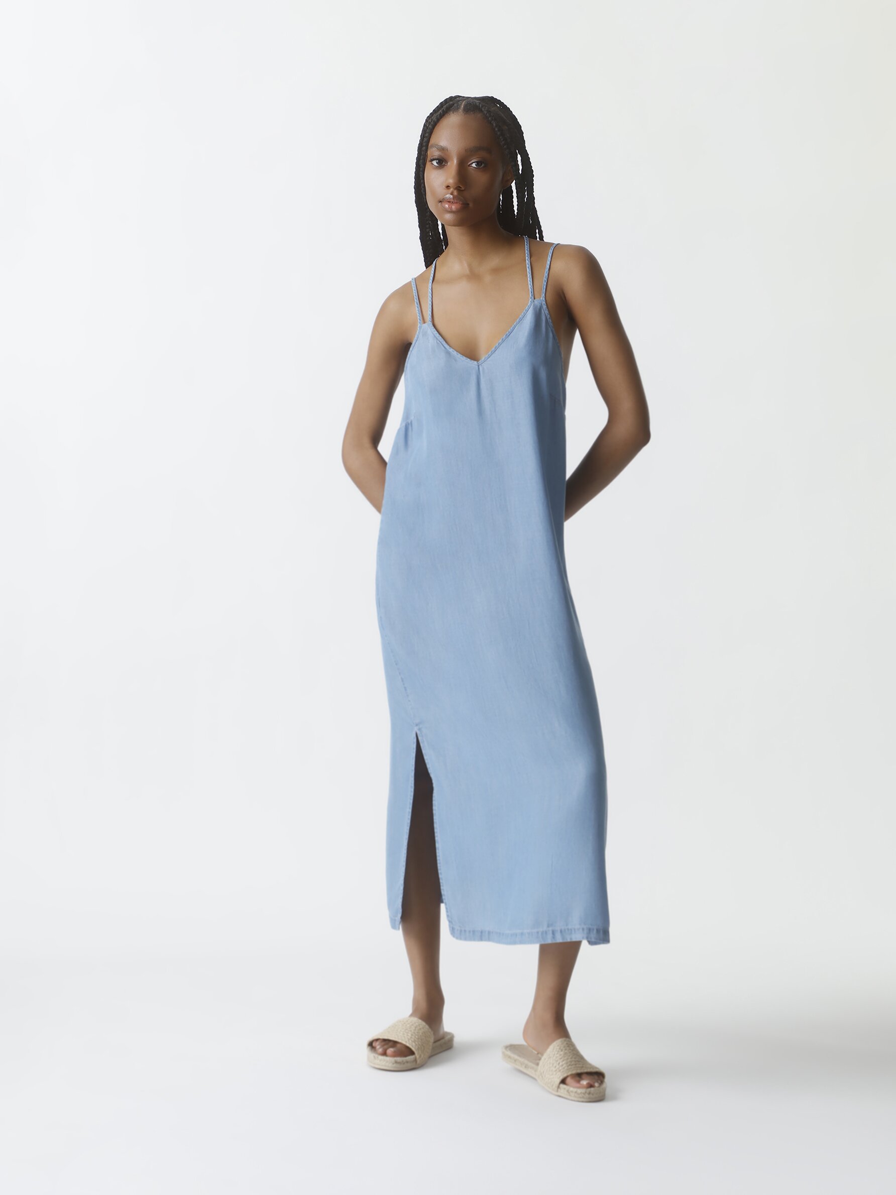 Warehouse Strappy Denim Pocket Dress, Mid Wash Denim, 6