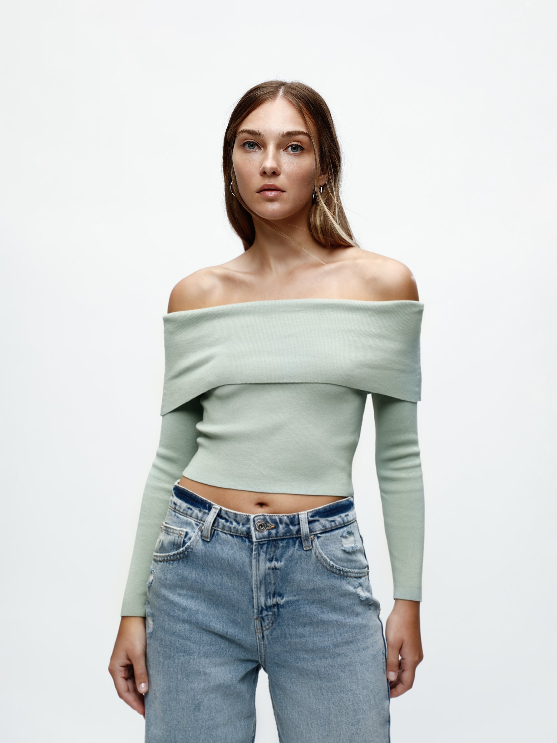 Over the shoulder knit sweater sale