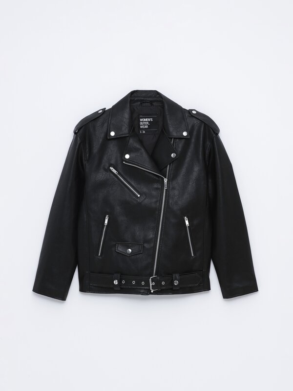 Faux leather oversized double-breasted jacket
