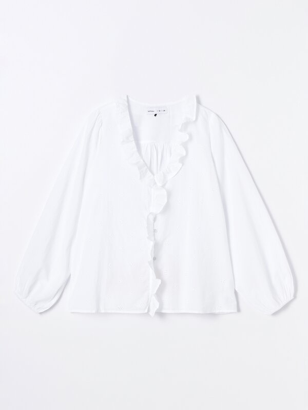 Shirt with Swiss embroidery and ruffle detail