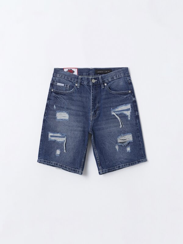 Relaxed fit denim Bermuda shorts with rips