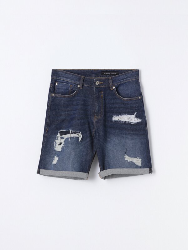 Bermudas denim rasgões conforto slim fit