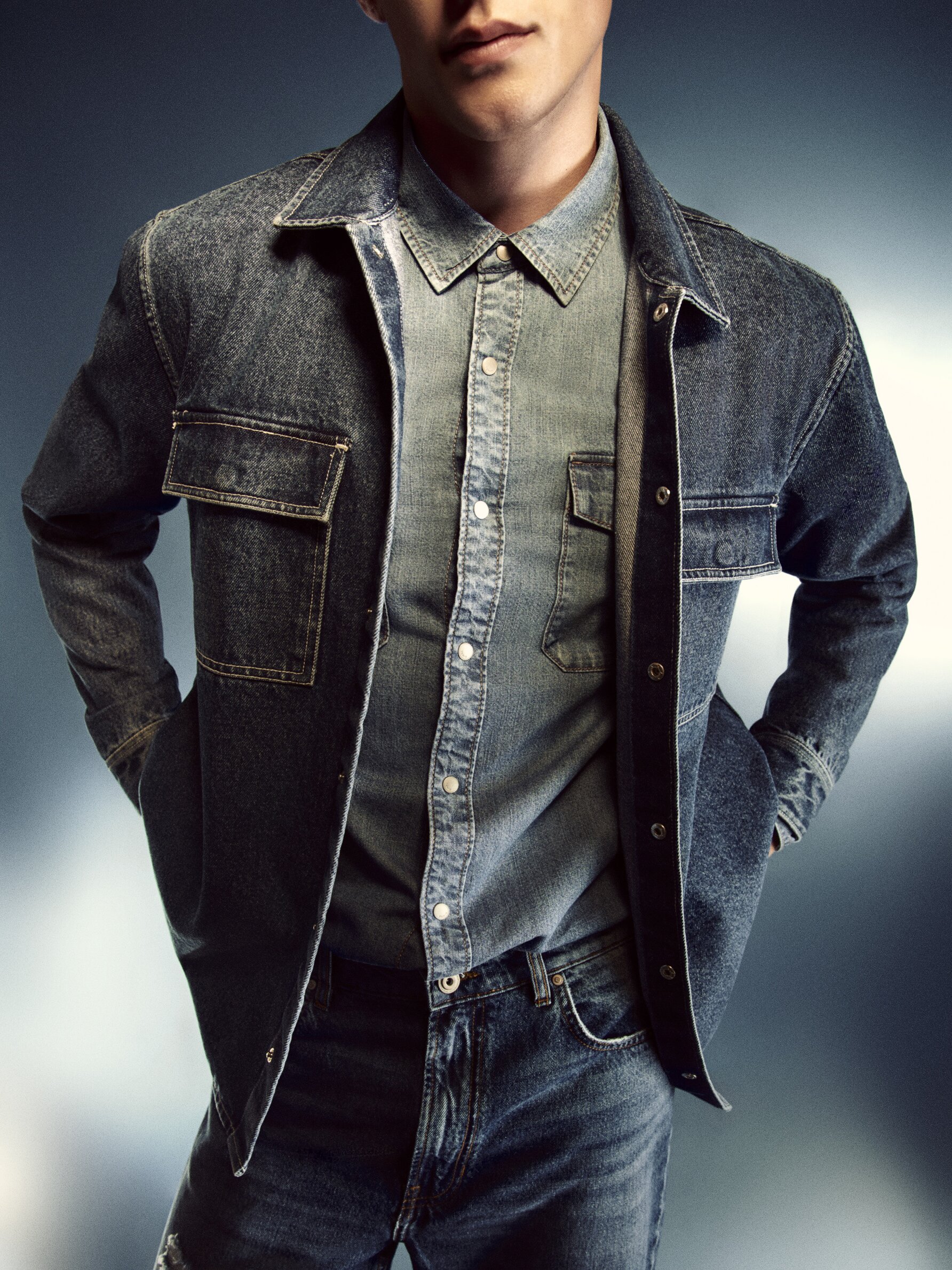Leather jacket sales denim