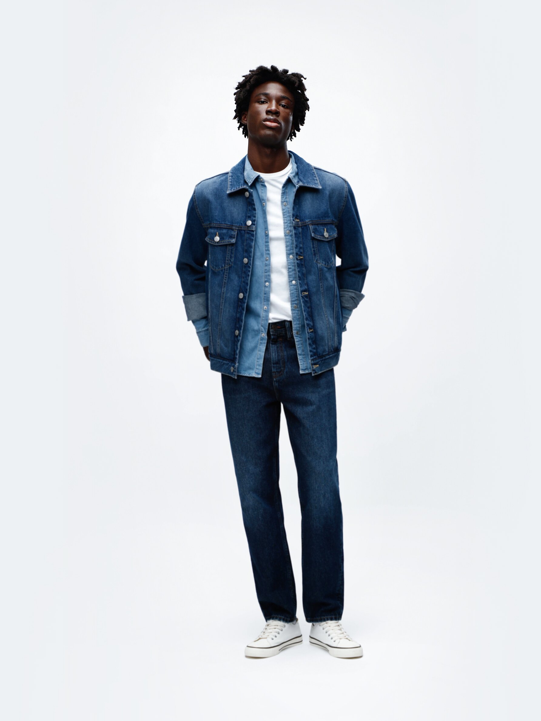 Long denim hot sale jacket men