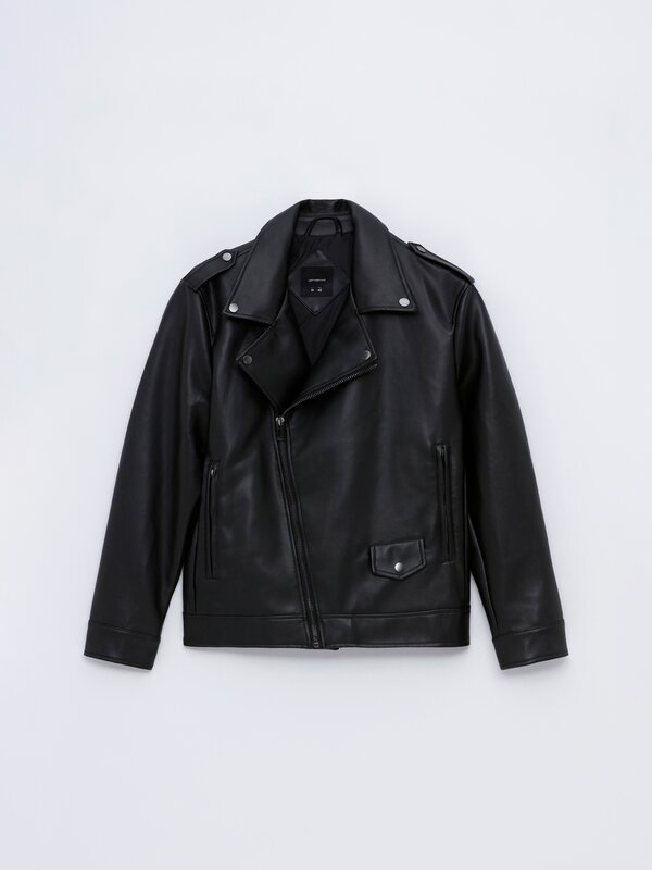 Faux leather jacket with a lapel collar