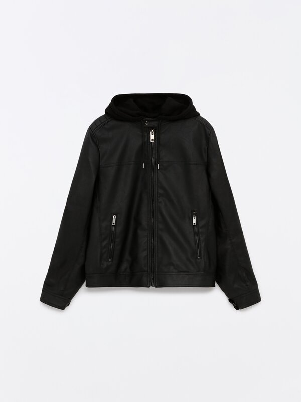 Leather effect hooded jacket