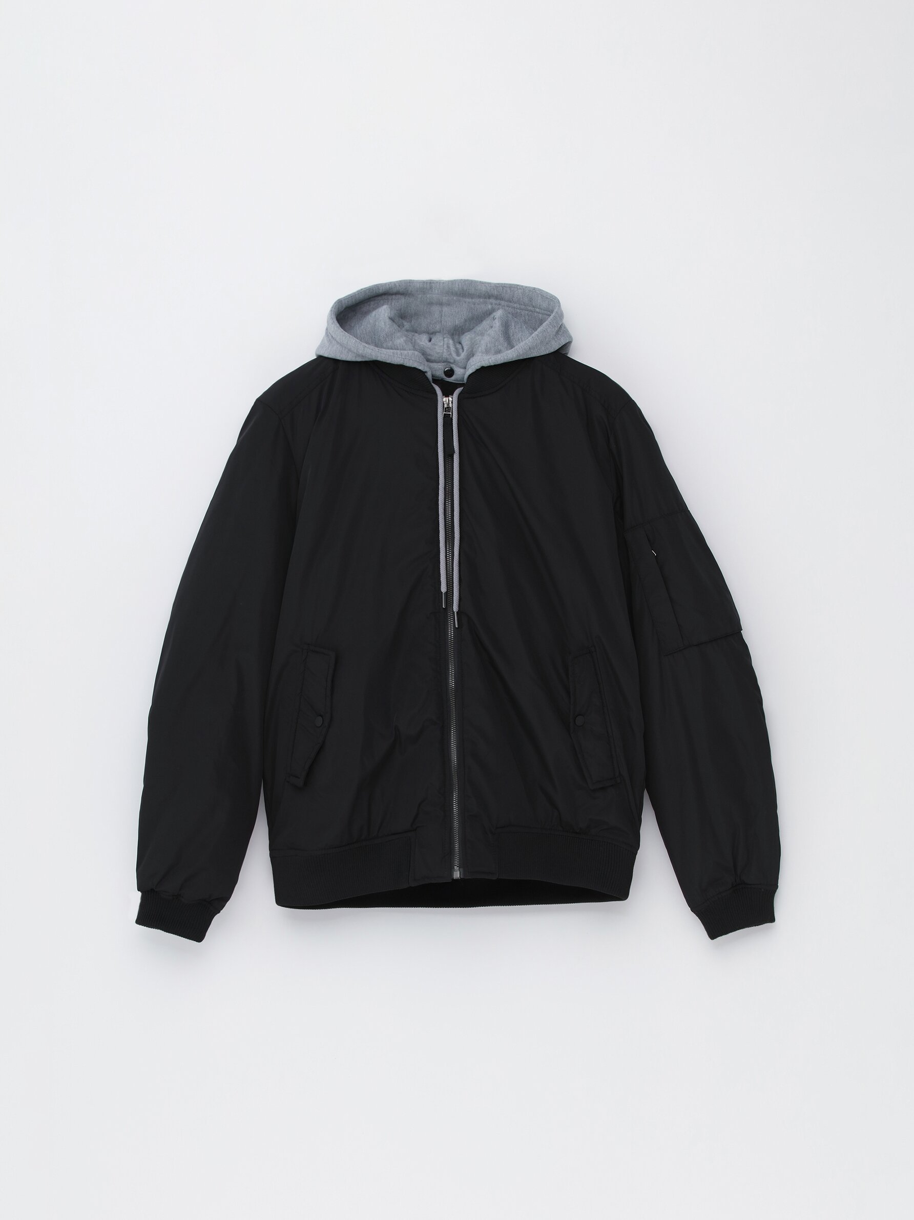 Black bomber jacket shop with grey hood