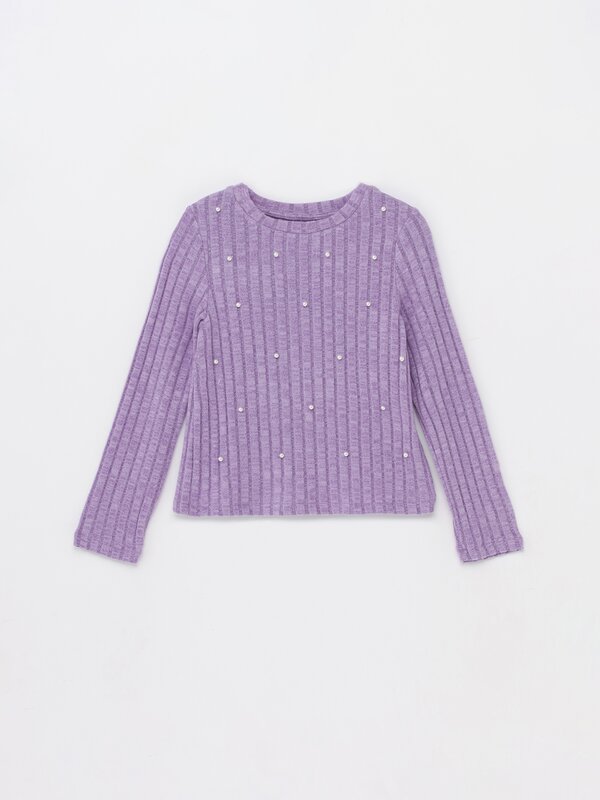Ribbed sweater with faux pearl beads