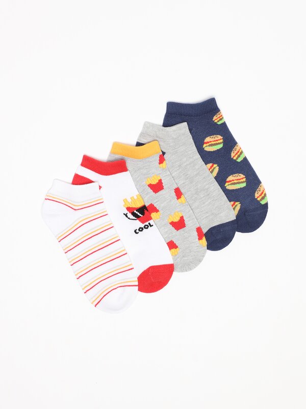 Pack of 5 pairs of socks with fast food prints