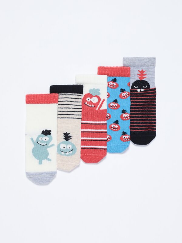 Pack of 5 pairs of long monster print socks.