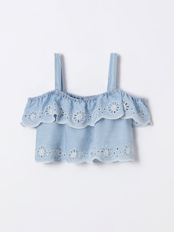 Lightweight denim top with Swiss embroidery
