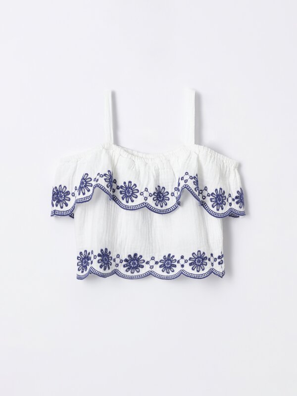 Lightweight denim top with Swiss embroidery