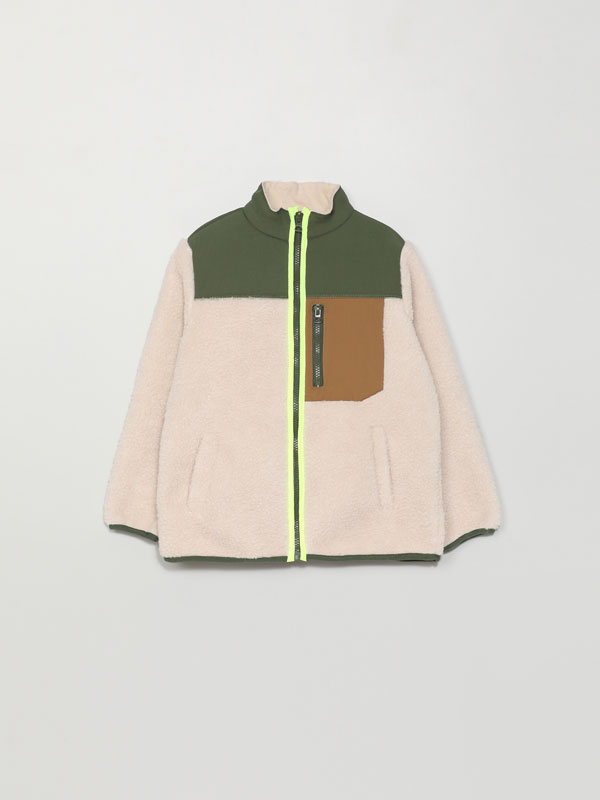 Jachetă din blană de miel sintetică color block