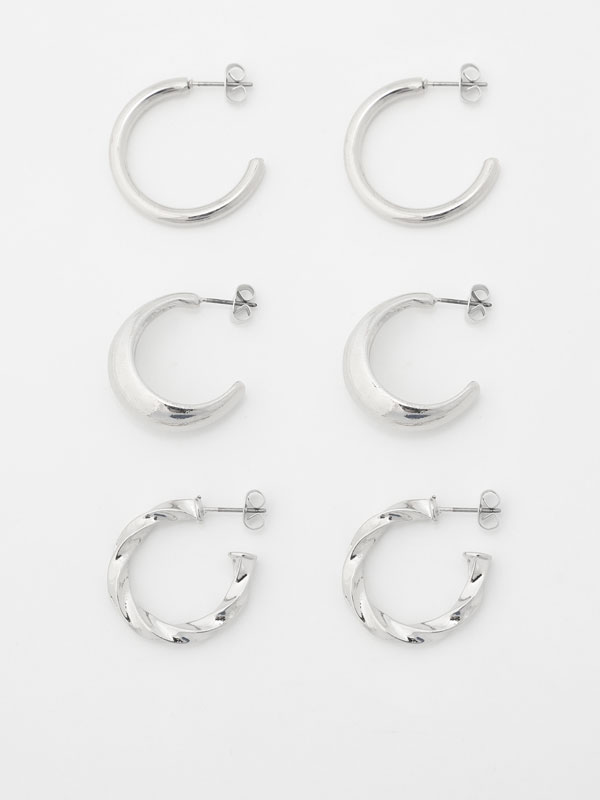 Pack of 3 pairs of silver-coloured earrings